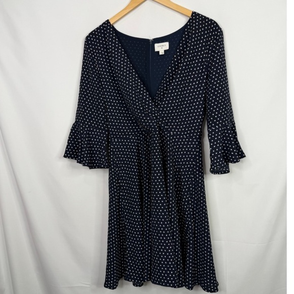 Everly Navy Blue Polka Dot Fit and Flare Dress Bell Sleeve V-Neck Womens L - Picture 2 of 7
